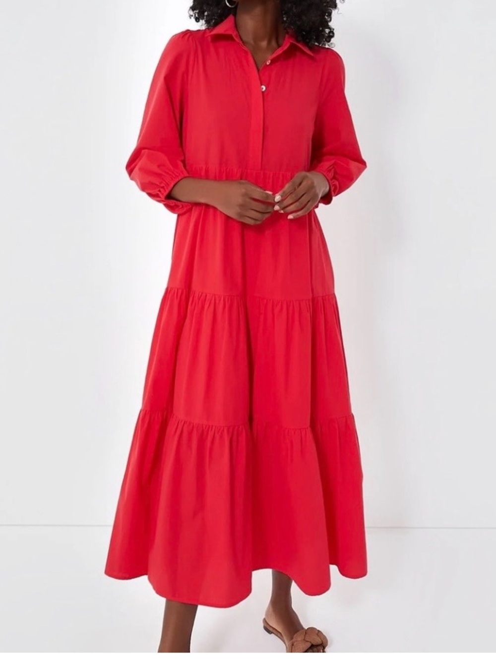 Pomander Place Red Tiered Long Sleeve Maxi Shirt Dress Size L